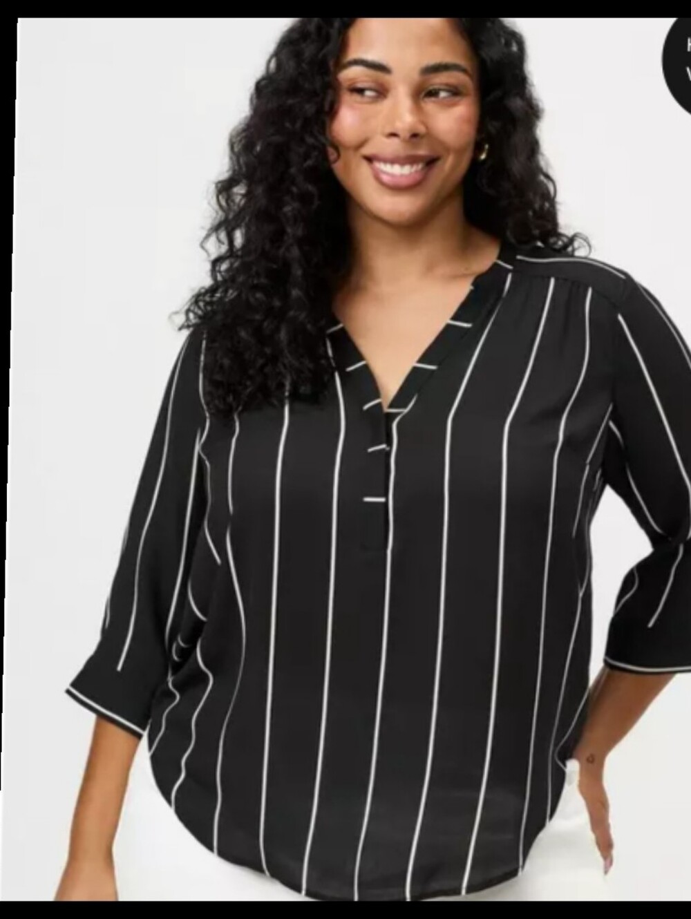Torrid Harper Blouse‎ 3X Black White Tan Striped Roll Tab Sleeve V-Neck Top